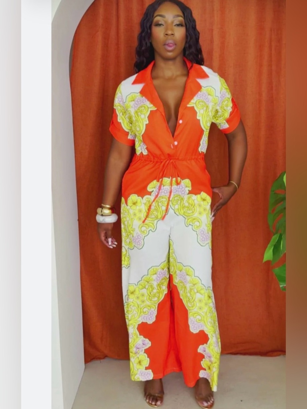 Summer Splendor Floral Fusion Vibrant Orange & White Printed Jumpsuit